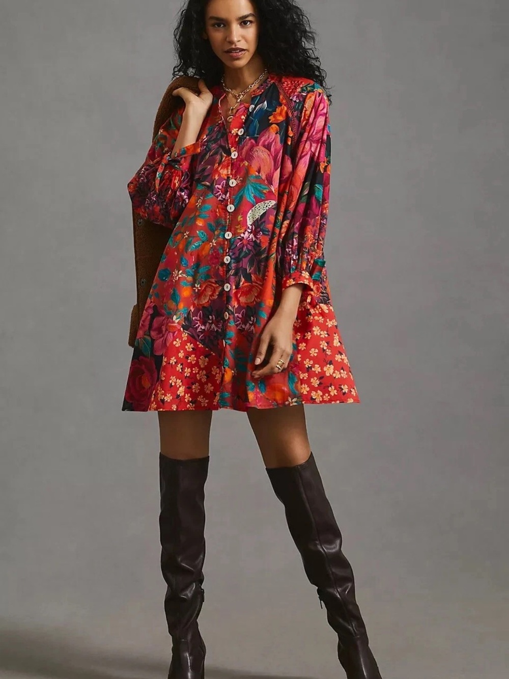 FARM Rio Red Multicolor Floral Button-Front Tunic Robe